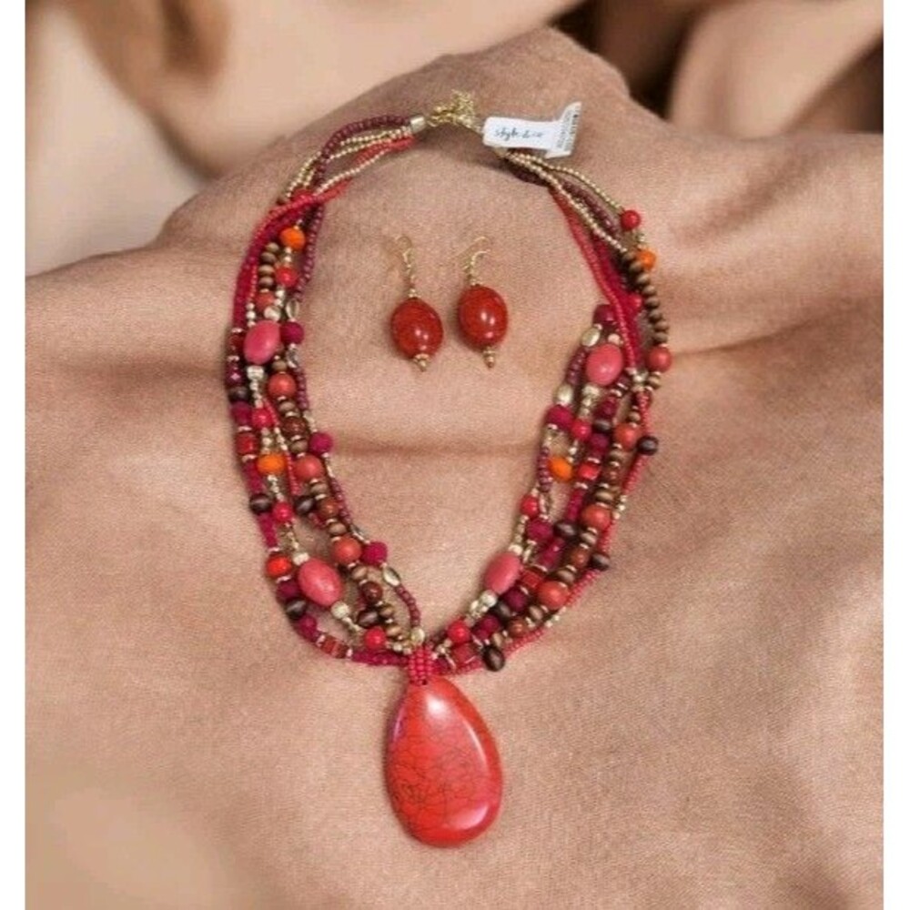 Style & Co Red Dyed Howlite Boho Multi Strand Necklace Earrings Set NWT